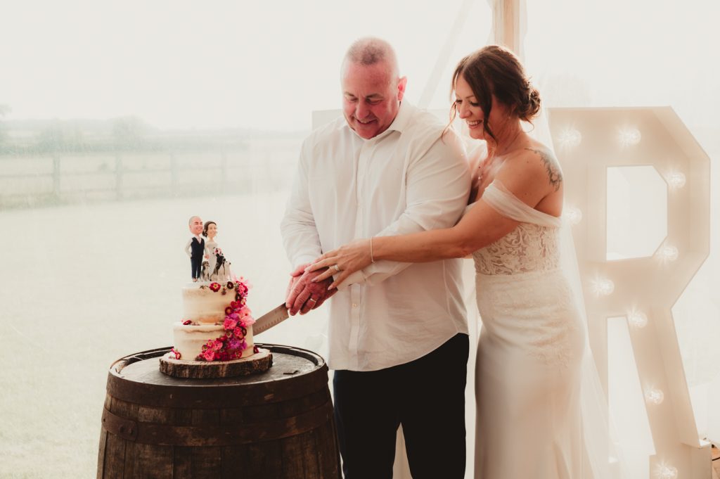 bride & Groom cutting their cake at Hardwick Moat Weddings