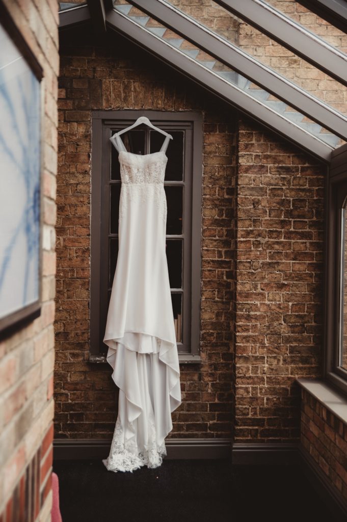 Wedding dress hanging up at Eaton Oak